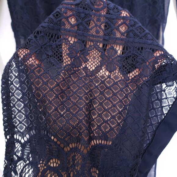 The Line of Style Navy Blue Mesh Lace Pattern Unique Design Long Blouse Size S - Picture 12 of 15
